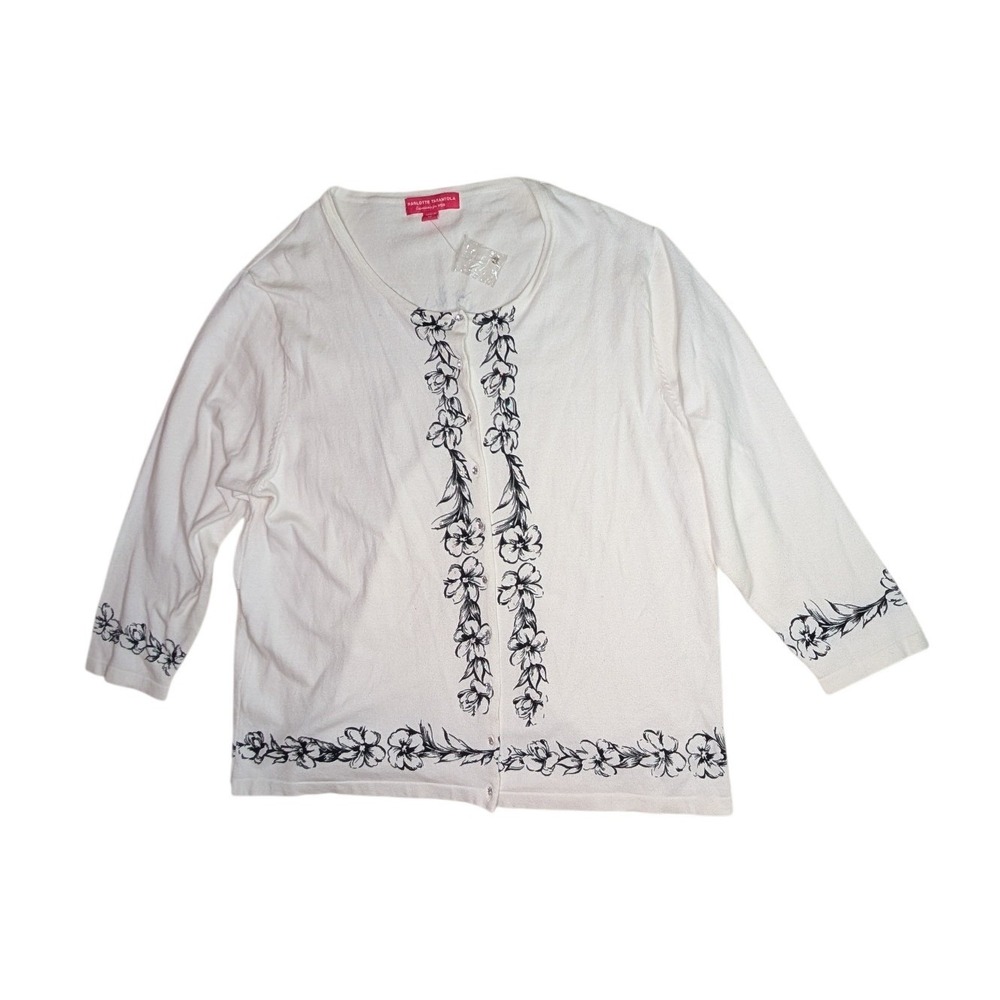 Charlotte Tarantola Cardigan Womens‎ 1X White Floral Button Up 3/4 Sleeve Cotton